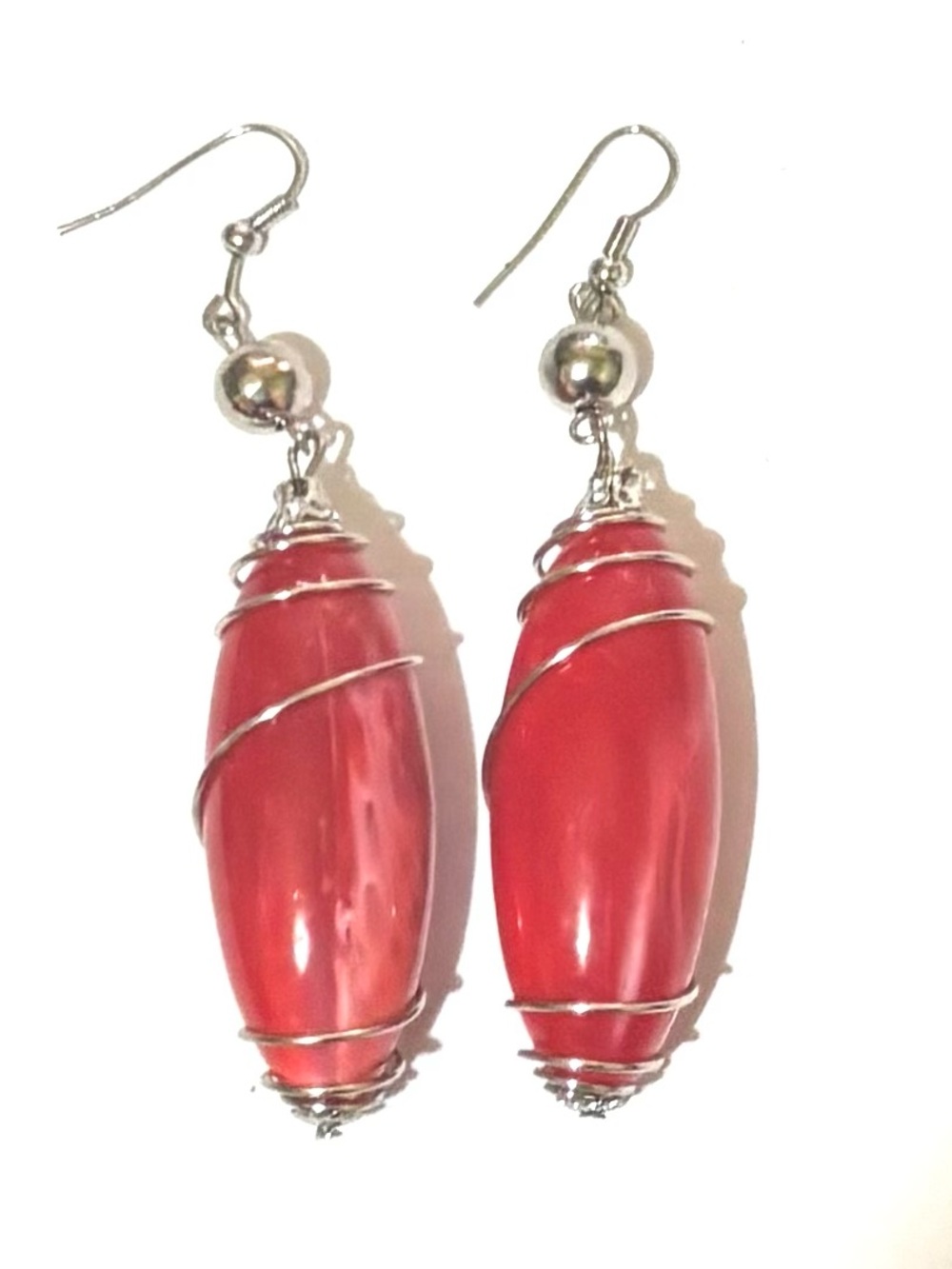 Red Glass Drop Earrings with Silver Wire Wrap - Women Jewelry